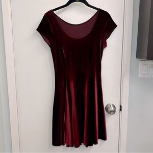 Burgundy Velvet Short Sleeve Skater Dress from BlackMilk Clothing (small)